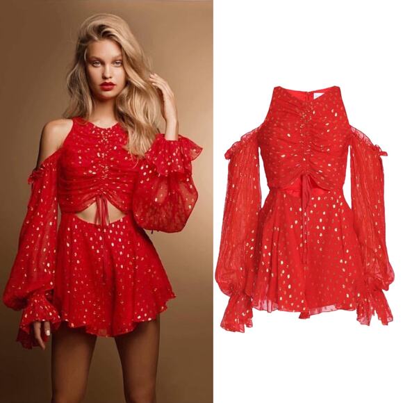 Alice McCall Did It Again Cold Shoulder Playsuit Romper Red Gold Size 0 - Picture 2 of 10